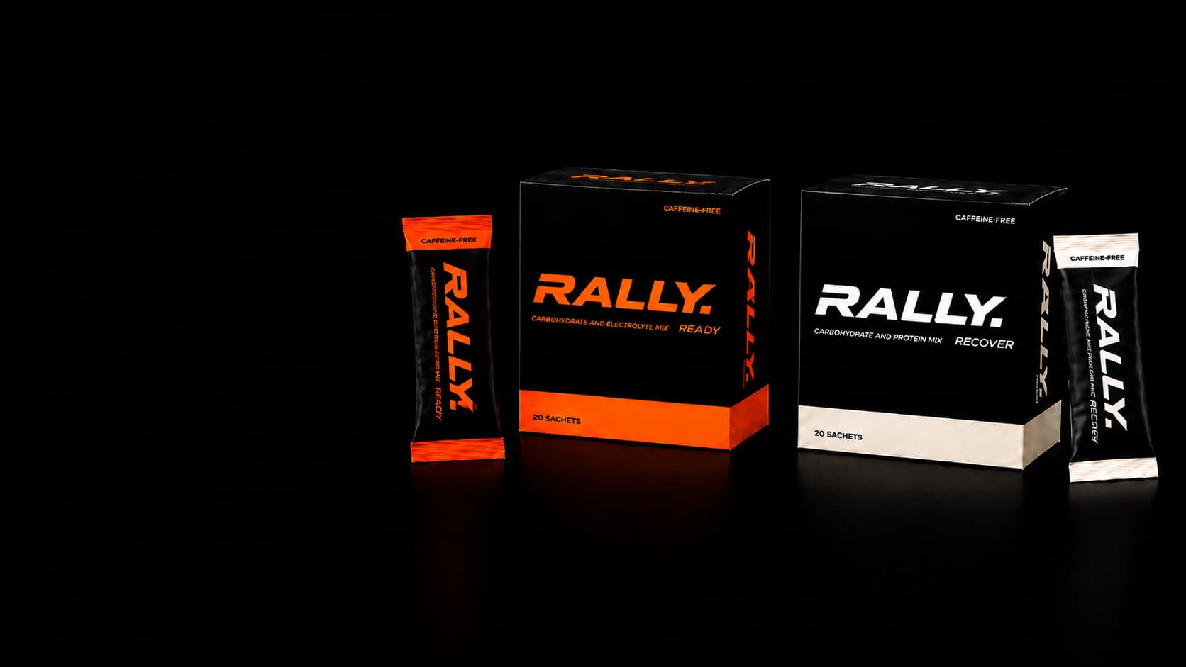 RALLY Ready and RALLY Recover retail boxes with single-serve sticks