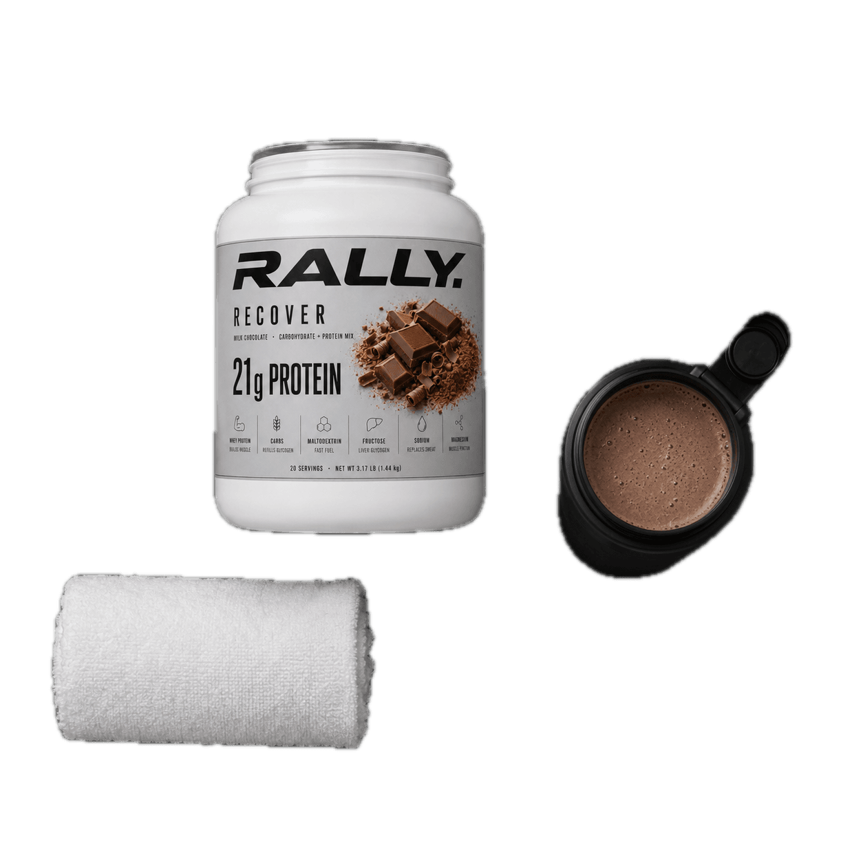 Overhead flat lay of a RALLY RECOVER tub, scoop, mixed shaker, towel, and keys