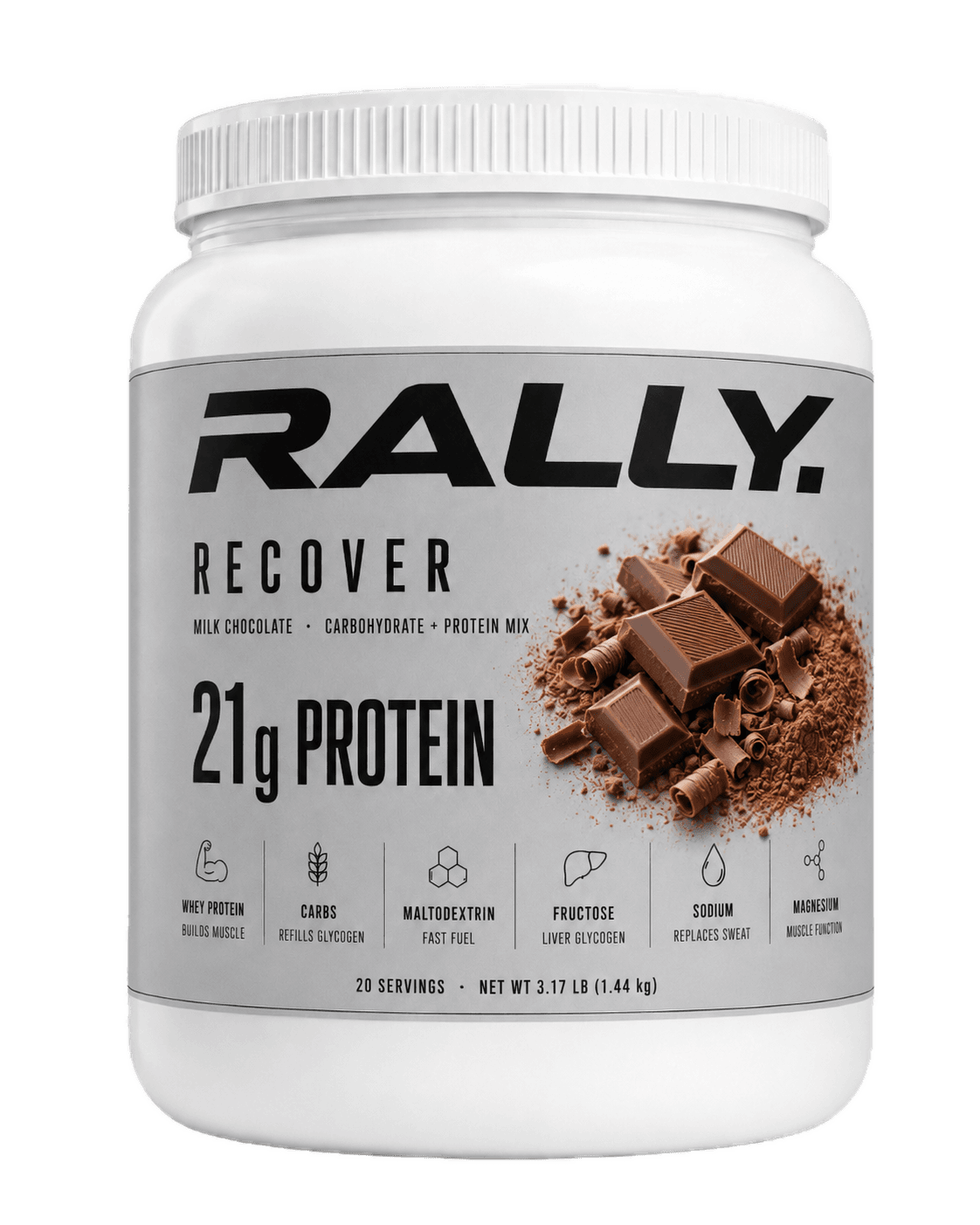 RALLY RECOVER milk chocolate recovery mix, 20-serving tub